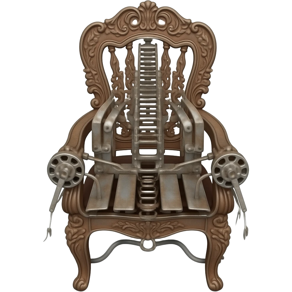 an elegant electric chair frontally composed of many rusty metal parts of old Victorian guillotines emoji