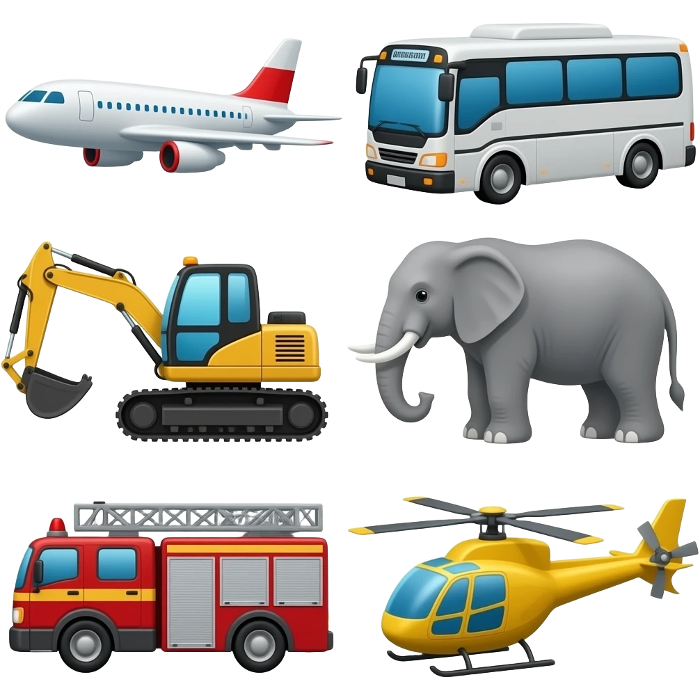 A is for airplane, b is for bus, c is for car, d is for digger, e is for elephant, f is for fire truck, g is for golf cart, h is for helicopter emoji