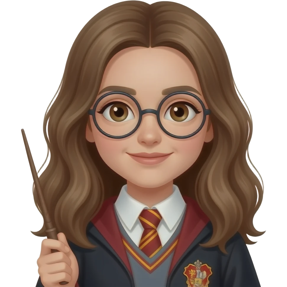 Longer browner hair hermionie with brown eyes and a wand emoji