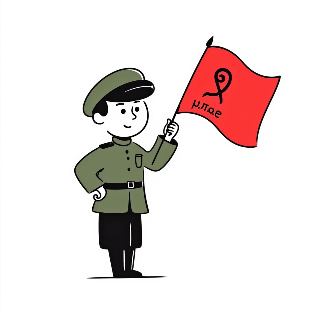 military boy in Soviet green uniform holding a red flag with "9 мая" emoji