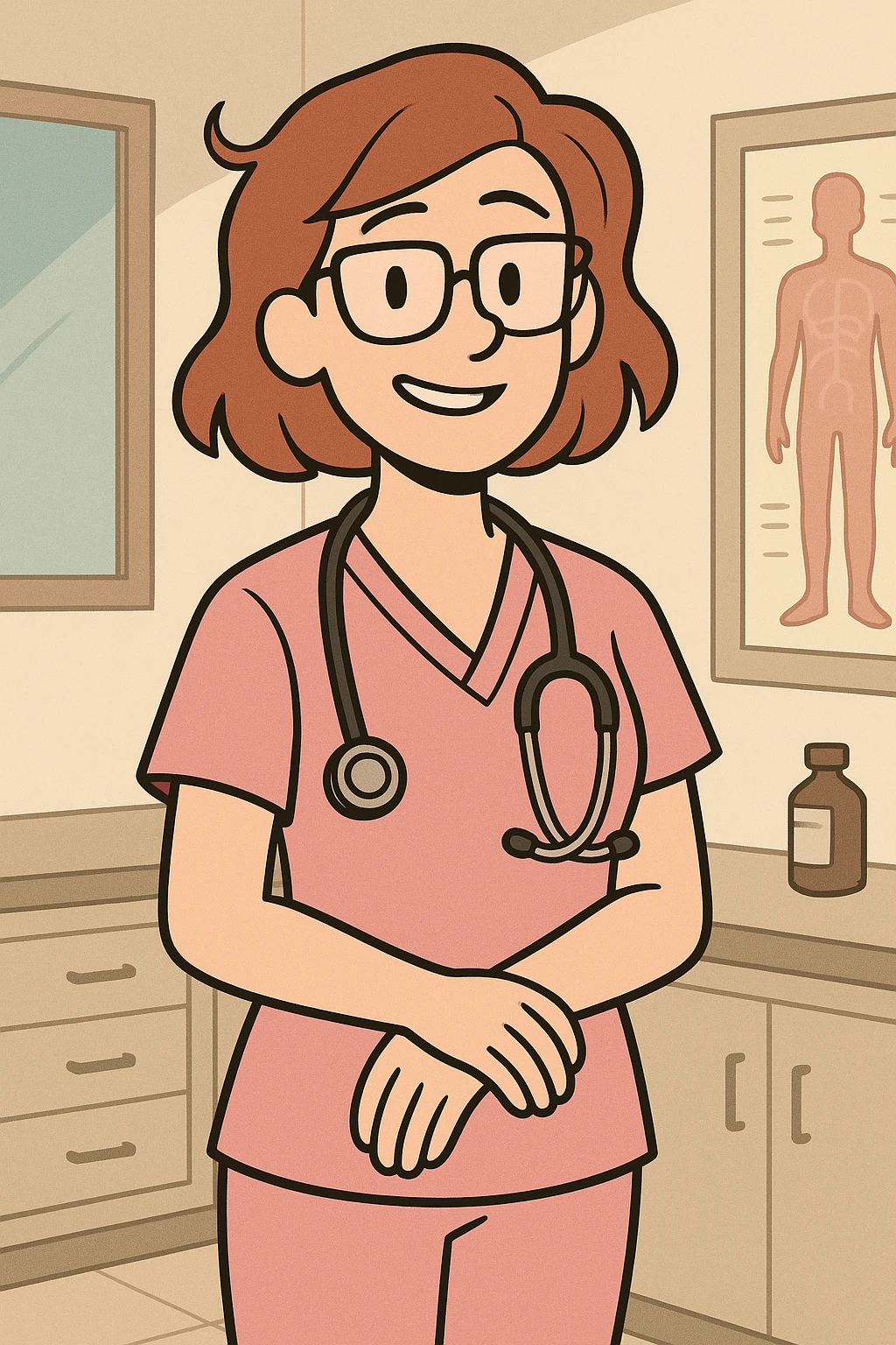 female doctor wearing a pink outfit, stethoscope, friendly expression, medical setting, modern illustration style emoji