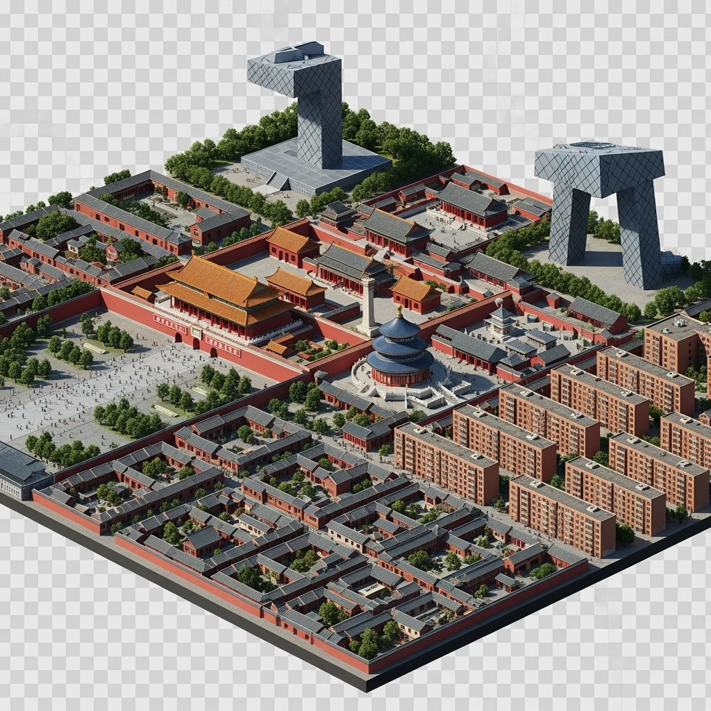 Isometric miniature of Beijing Forbidden City, Tiananmen Square, CCTV Headquarters, Temple of Heaven, and crowded hutong alleys, sprawling apartment blocks, 3D miniature effect and Tilt Shift effect, no cartoonish look, transparent background. emoji