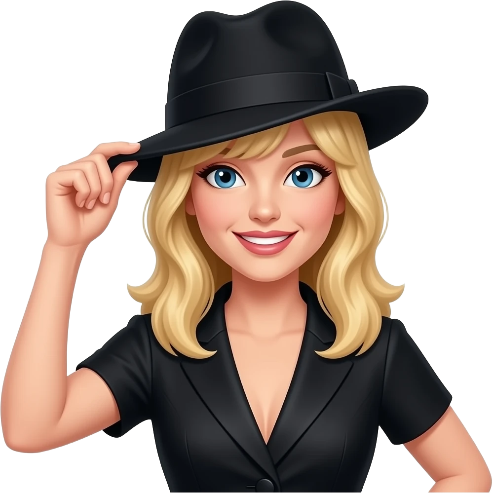 blond woman tipping hat wearing sophisticated woman's clothes add bangs knowing smile emoji