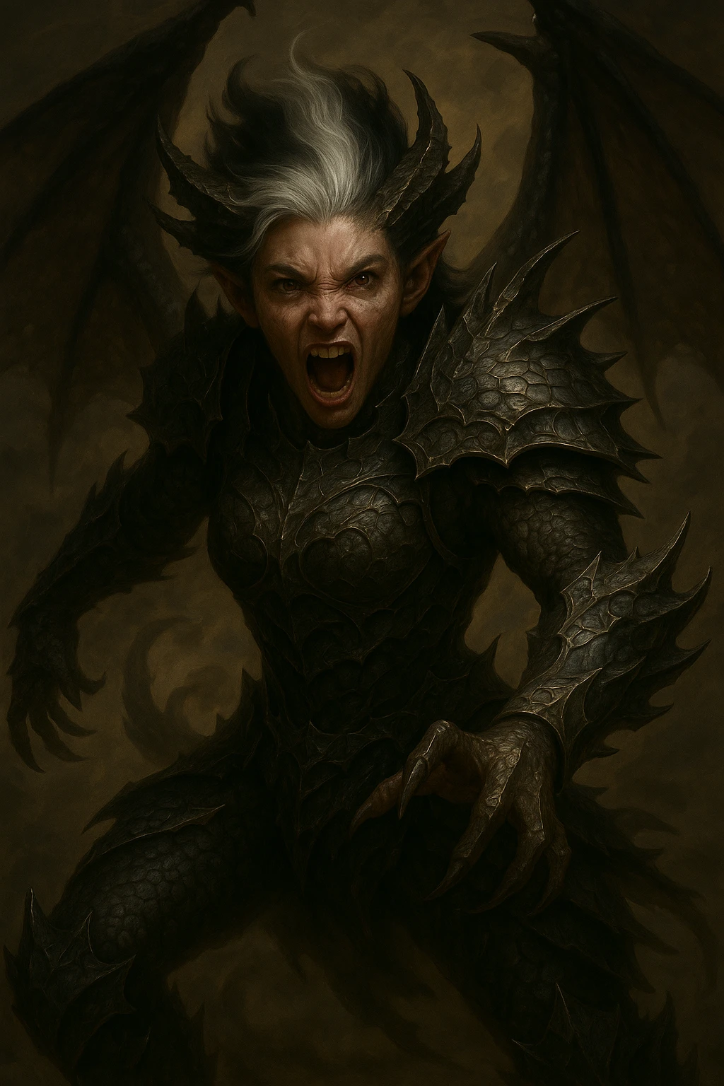 Make the character a girl, keep hybrid human-dragon features, with silver hair fading to black at the top, in a dynamic pose. Capture the energy and movement of the pose with the hybrid fantasy elements. emoji