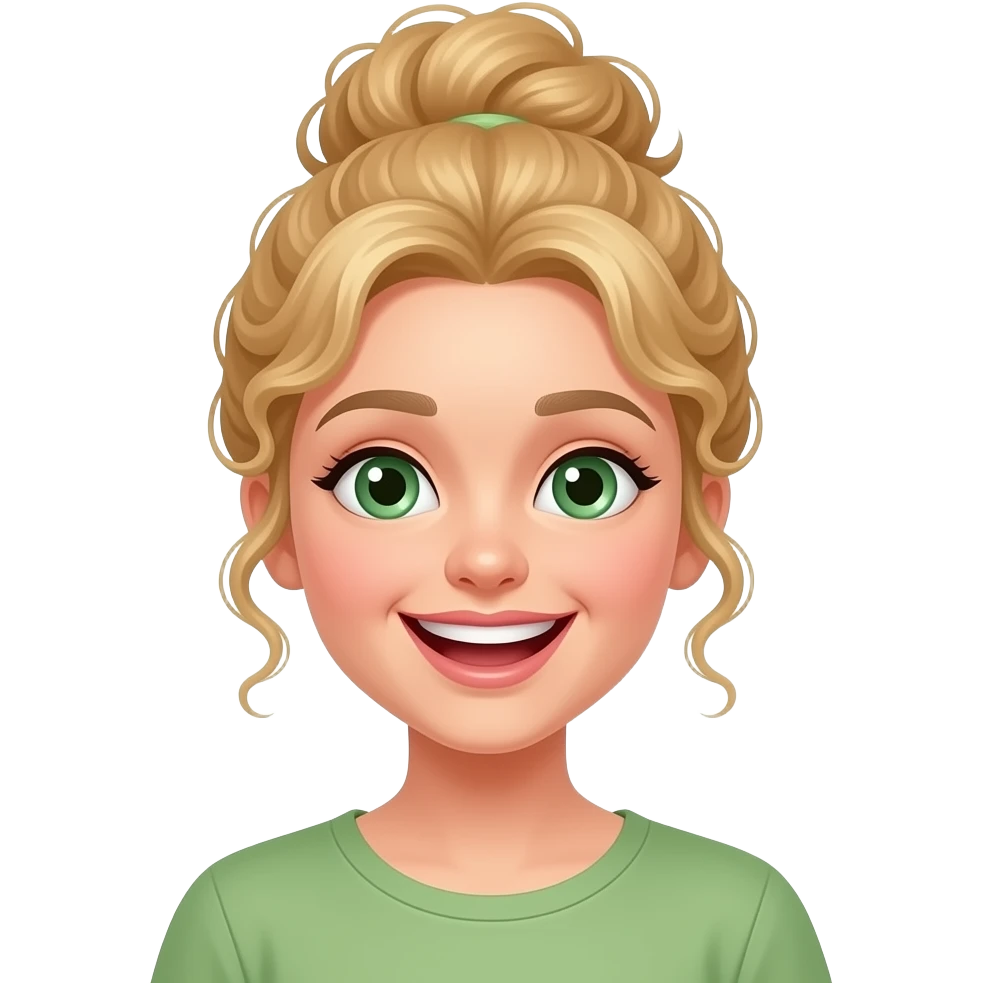 blonde girl with green eyes and curly bun laughing and joking emoji
