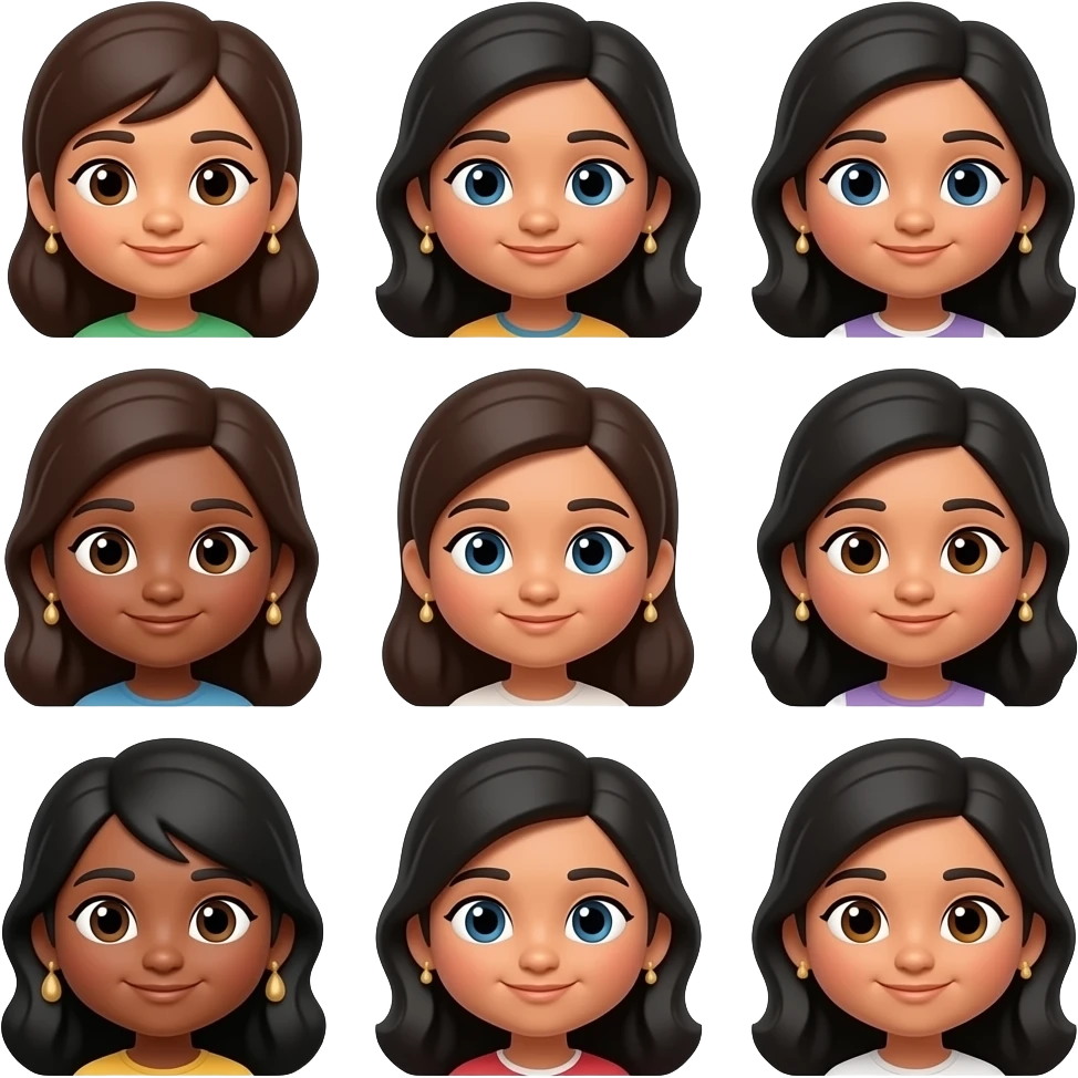 create 3d emoji of 12 indian girls with different hair ,skin and eyes emoji