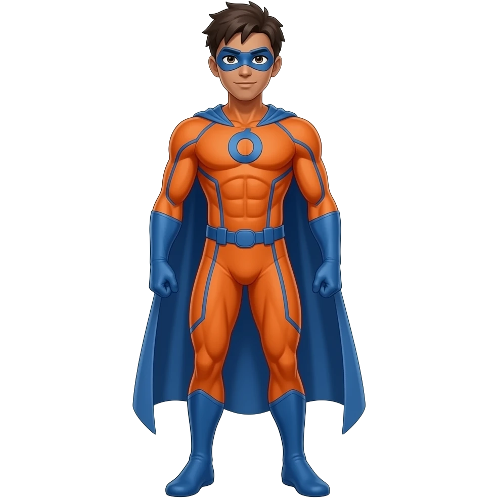 Anime men brown skinorange superhero suite very skinny blue line blue masks letters O full body emoji