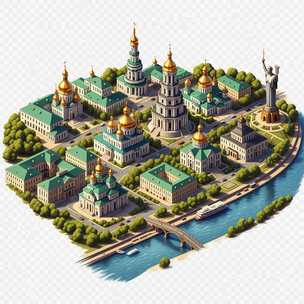 Isometric illustration of photorealistic Kyiv, balanced between paint stylized and realistic, 3D miniature effect, transparent background. emoji
