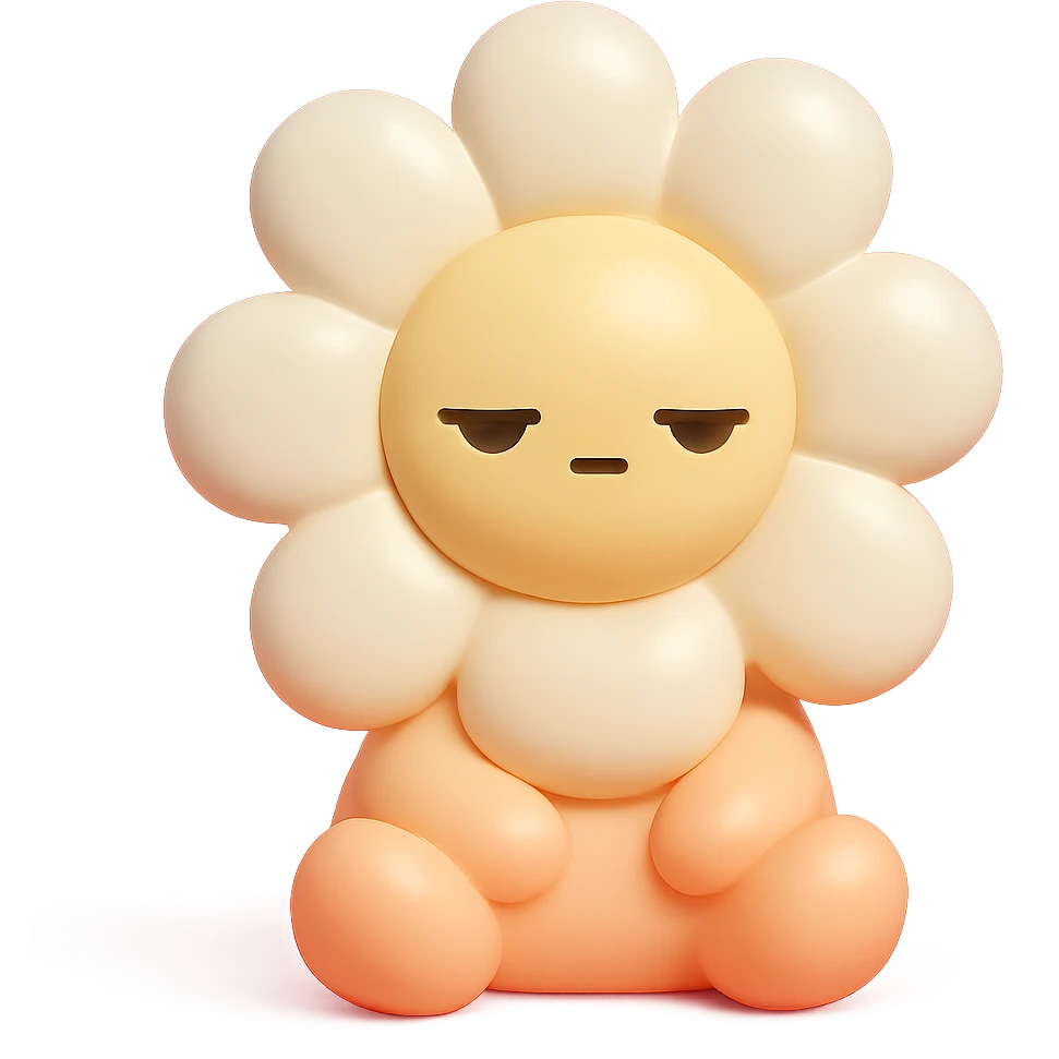 creamy white daisy flower with sleepy half-lidded eyes, sitting down with a blank stare, extremely soft round pastel character, vinyl figure style emoji