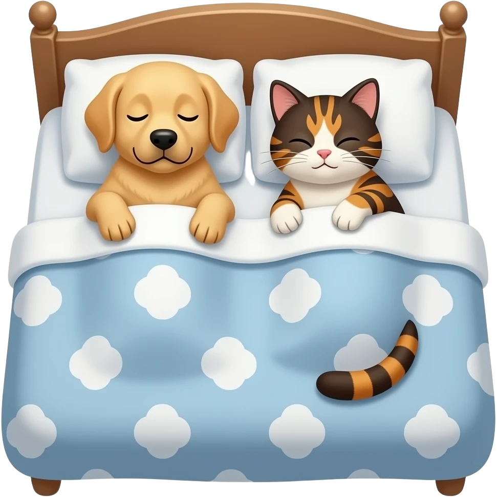 A golden Labrador and tabby cat with a beautiful mix of dark brown/black, orange, and white fur with striped markings sleep together on bed emoji