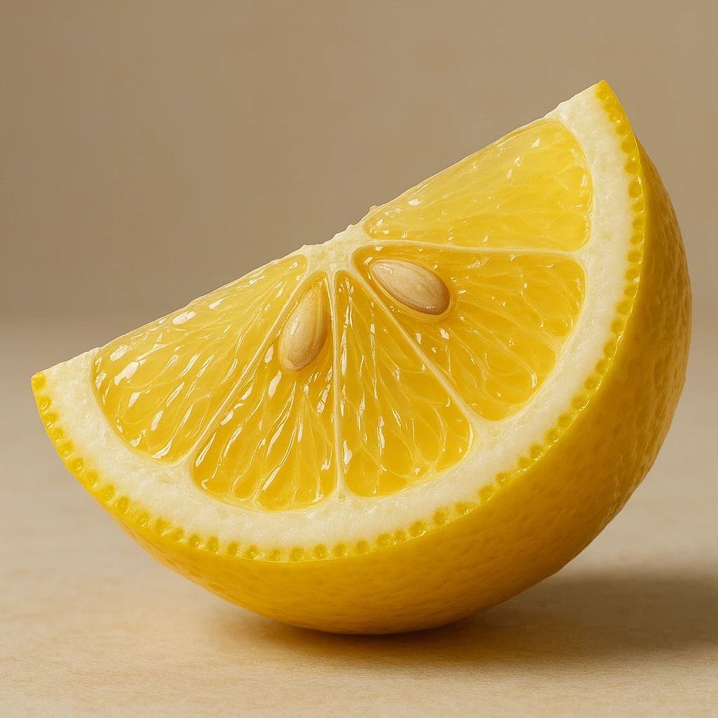 realistic lemon wedge, shiny peel, visible seeds, photographic rendering emoji
