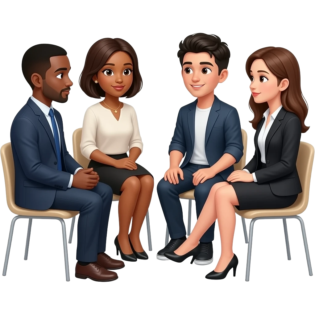 4 personas hablando en ronda sentados. que incluya un hombre ,una mujer, un adolescente. que se note diferencias fisicas de color de piel pelo y estatus social emoji