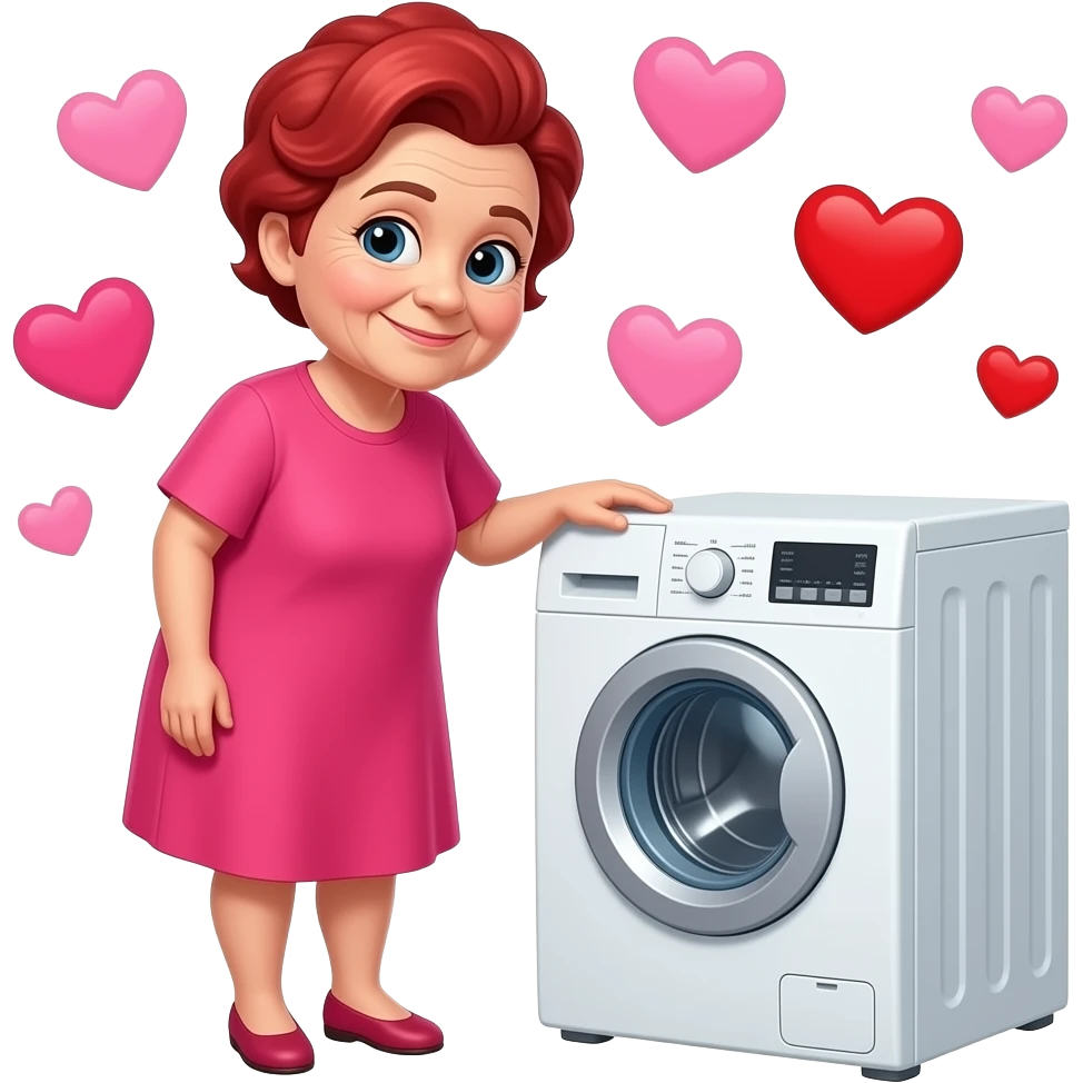 elderly small woman.razor cut very short red hair.wearing bright loose fitting dress in love with her new washing machine surrounded by pink and red love hearts emoji