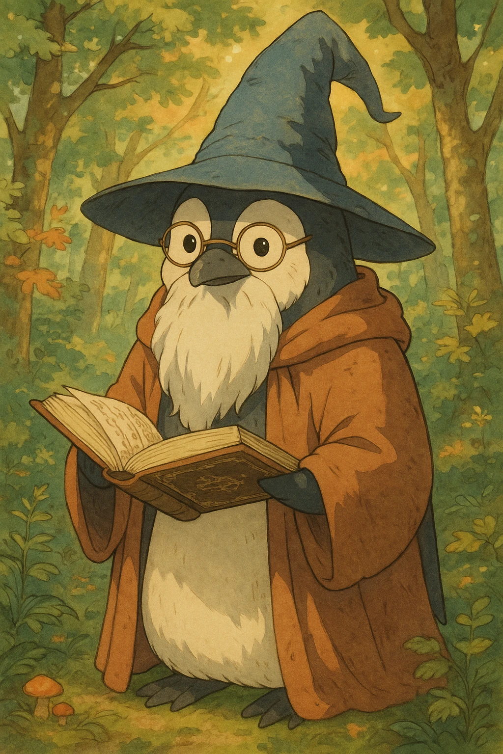a wise penguin wizard with glasses, a long beard, and a book of spells, in a charming illustrated style emoji