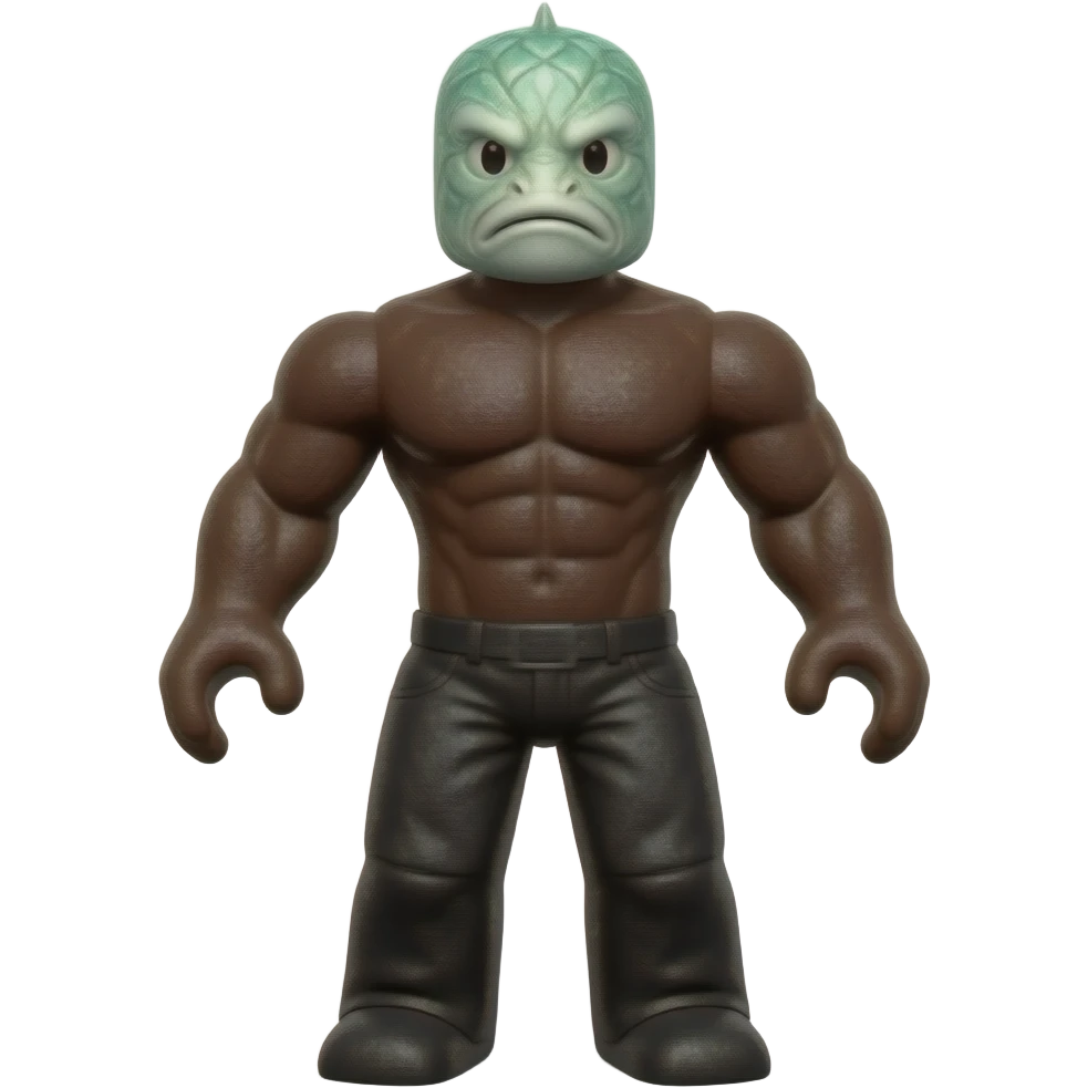 Body Type: Classic Robloxian, dark skin, coarse/rough texture. Face: White with a teal-green "Ahenobarbus Henocied" face. Movement: Stiff and eerie. Texture: Grainy emoji