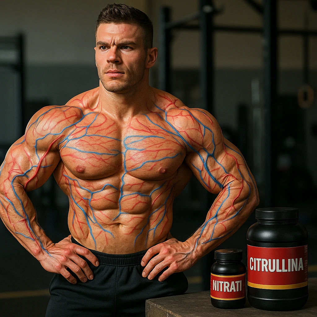 athletic bodybuilder showing muscle pump after taking Citrulline and Nitrates, visual details simulating blood flow with red and blue lines on muscles, supplements with Italian labels in background, sports environment, realistic details emoji