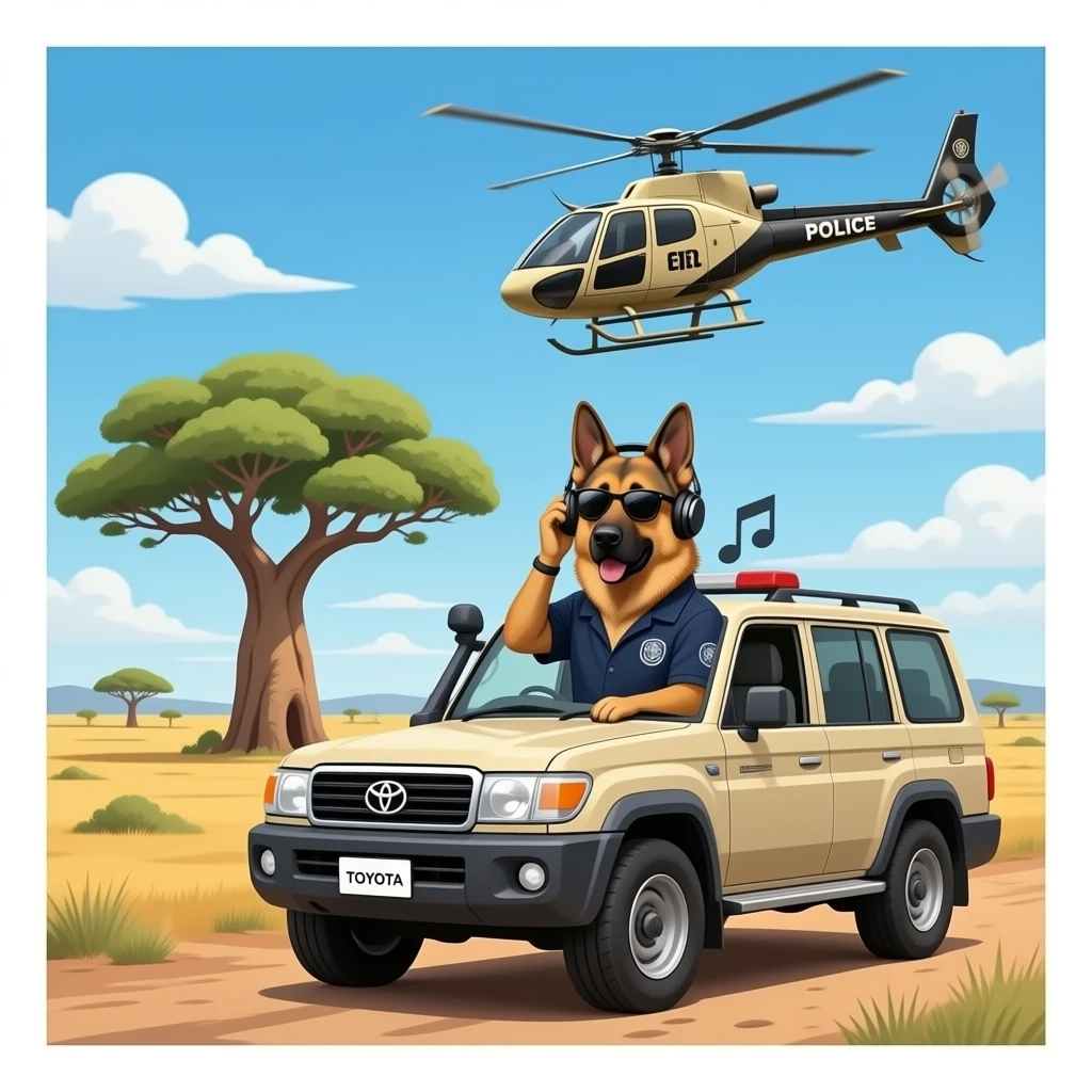 K9 canine german sheppard with sunglasses listening gangster police music on a Toyota Landcruiser with anti-poaching unit helicopter above boabab african savanna plains emoji