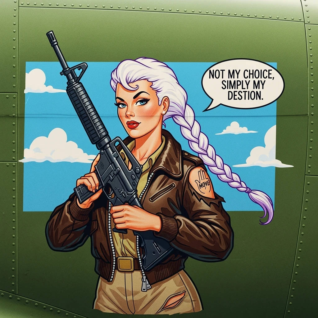 a retro military pinup fuselage decoration for the motto " not my choice, simply my destiny "
the female figure in the pinup image wears a single white braid with lavender tips, breaching, m4a1, "move" handsignal emoji