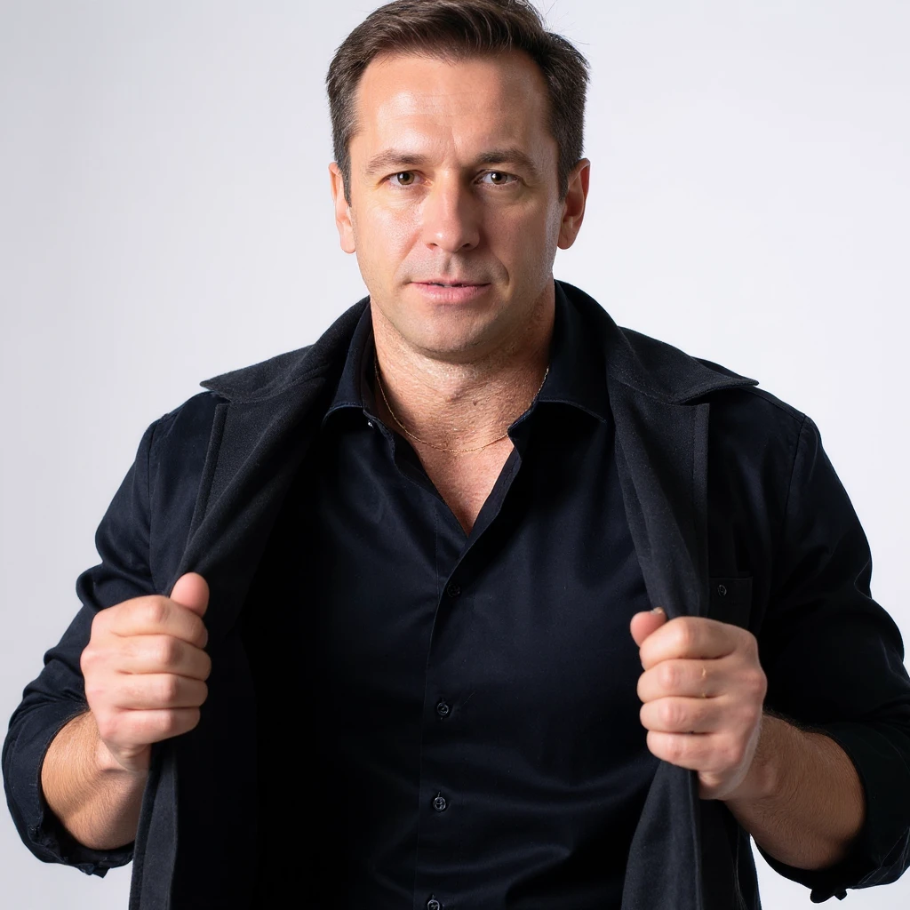 A very realistic image of a man holding clothes made of petroleum and rejecting them with a determined expression that communicates they are not good. Natural details, neutral atmosphere, vertical format 2:3. emoji