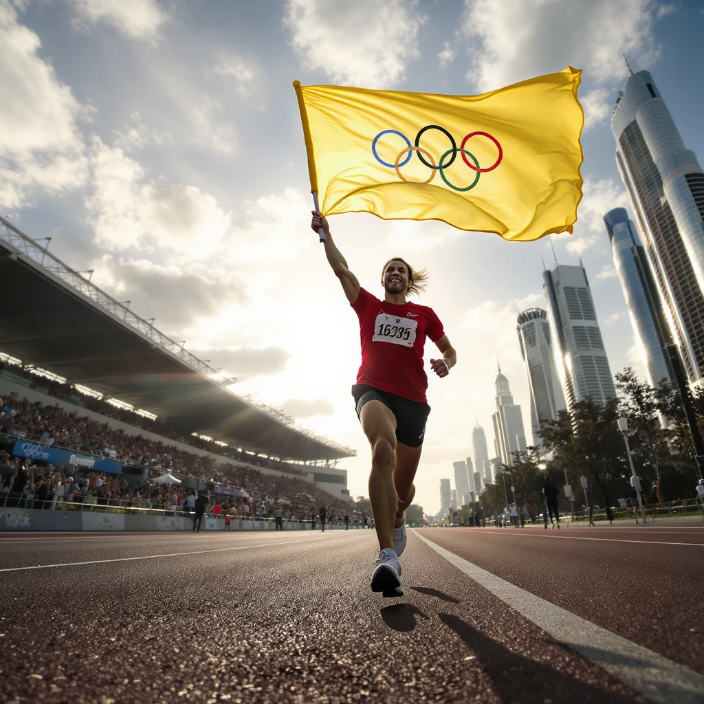 happy runner waving a flag of olypmic emoji