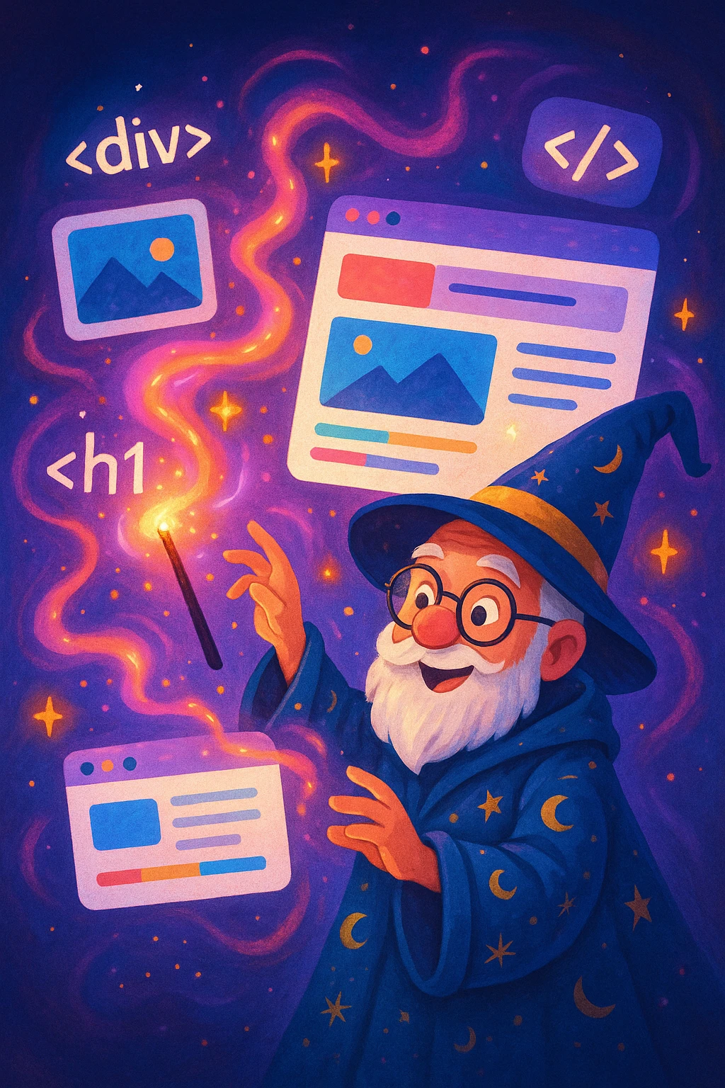 A wizard with glasses, surrounded by floating HTML tags and website windows, using magic to build a website, playful and creative scene, colorful, imaginative emoji