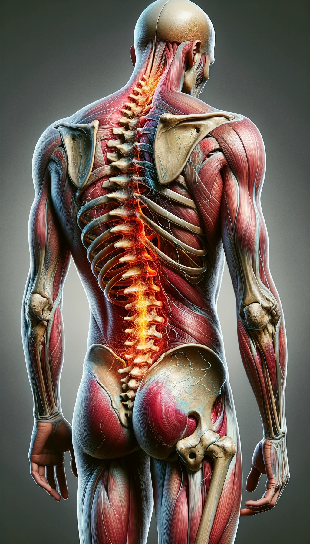 corpo umano anatomico di spalle e fisico storto, spina dorsale in evidenza, dolore alla schiena su un lato, iperrealistico 4k emoji