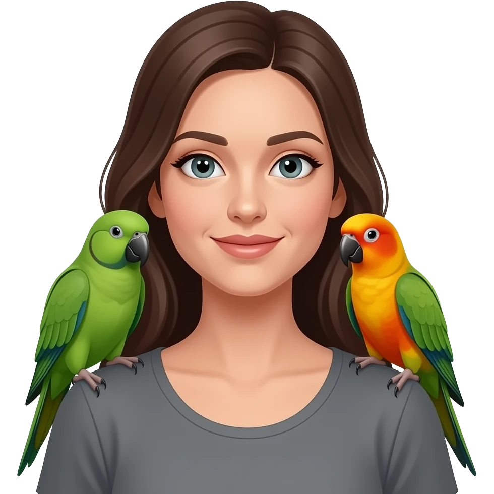 green indian ring neck parrot on a brown haired womans shoulder with a sun conure parrot with all green wings on her other shoulder emoji