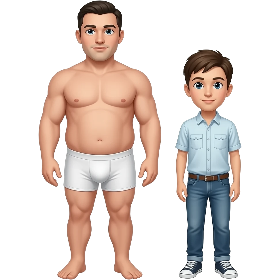 Strong tall fat boy, full body, boy in white boxers, standing next to a short weak thin boy in a shirt and jeans emoji