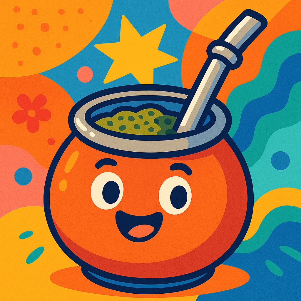 cartoon style smiling mate tea cup with green tea and bombilla, colorful background emoji