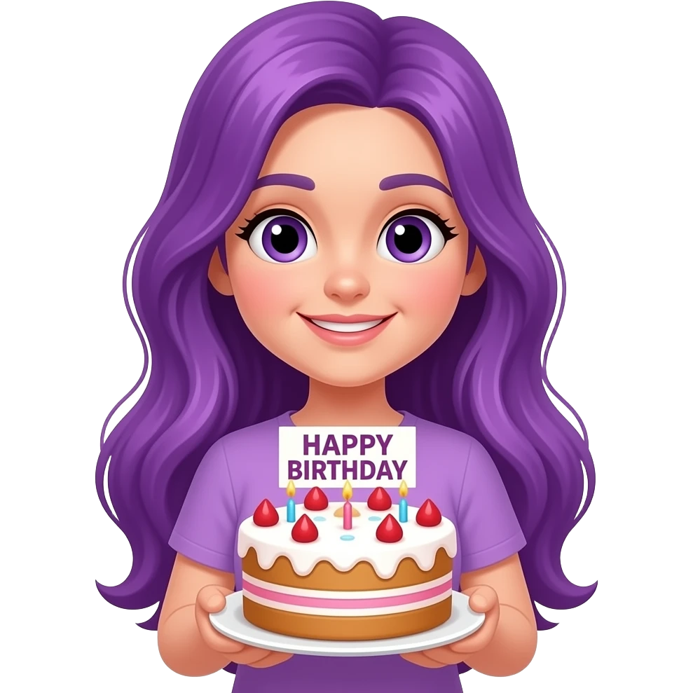 girl with long purple hair holding a birthday cake and a HAPPY BIRTHDAY sign emoji