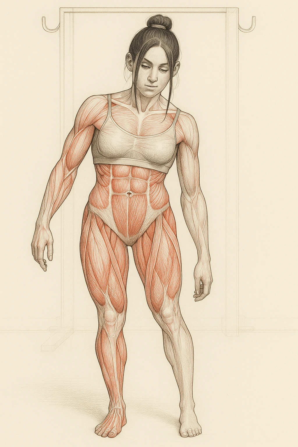 Anatomical style illustration inspired by the photo showing one leg visibly smaller and less hypertrophic than the other, highlighting the muscular difference between the legs, anatomical style, variant 6. emoji
