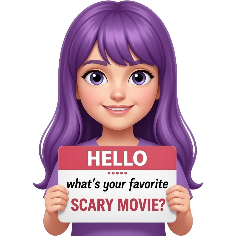 girl with long purple hair with a HELLO... what's your favorite SCARY MOVIE? sign emoji