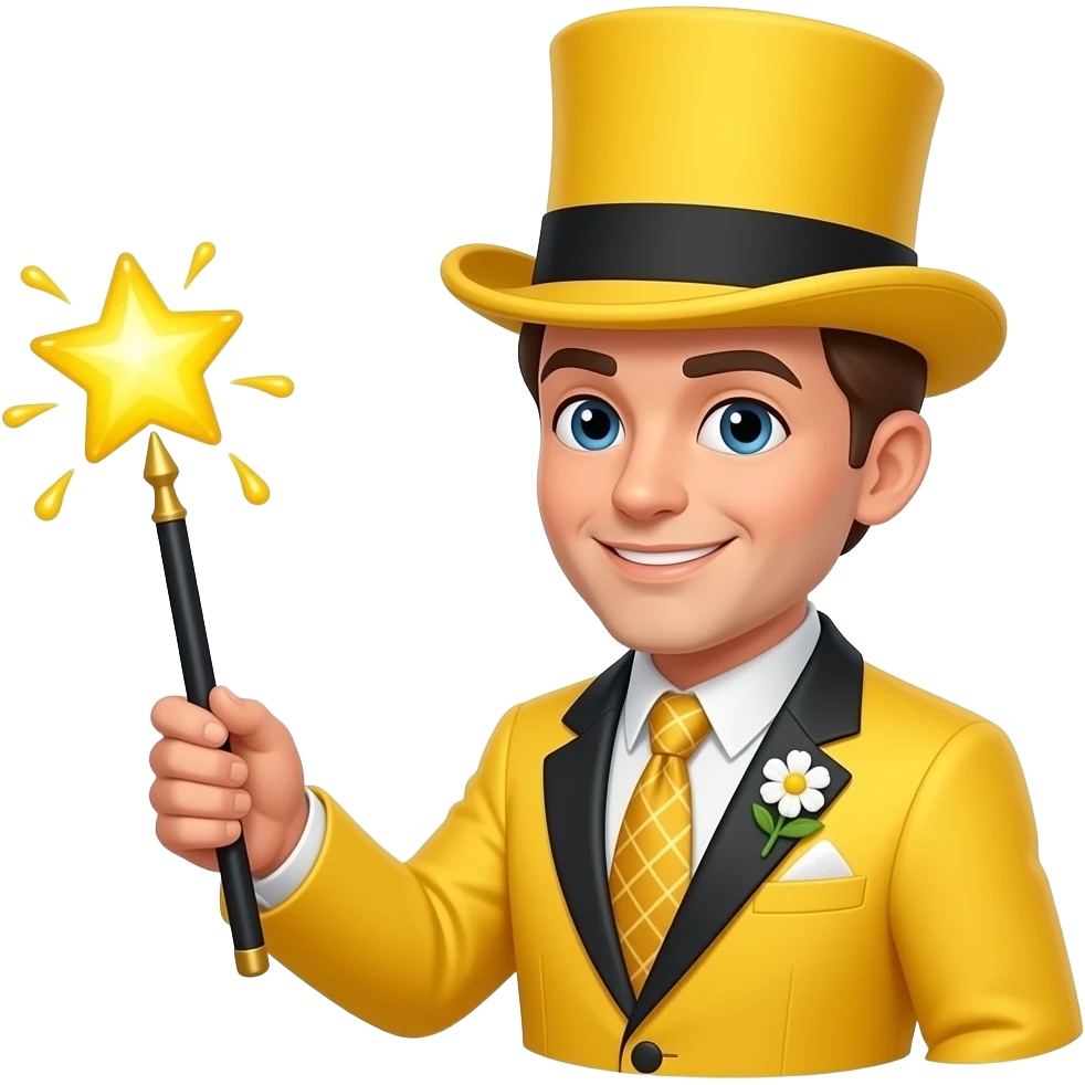 stage magician but his suit is yellow and he has a flower on his lapelle shooting yellow liquid and yellow top hat and he has a magic wand emoji