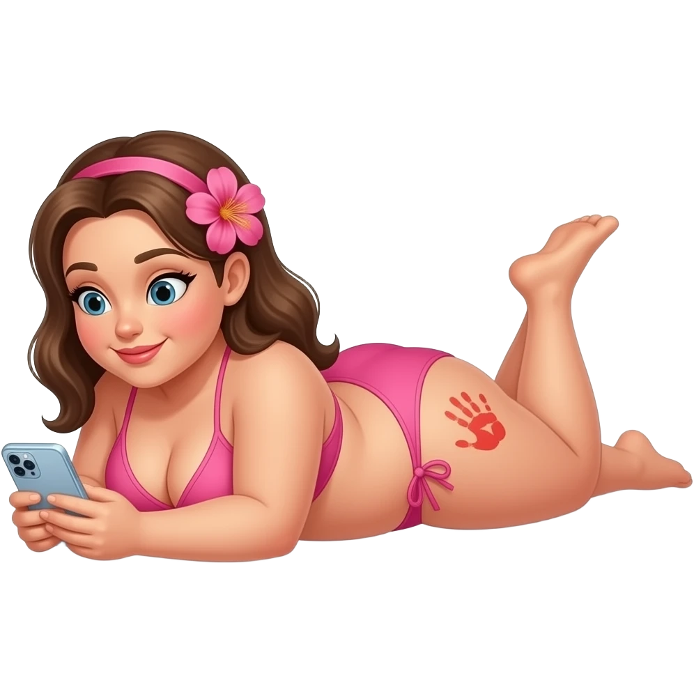 Caucasian woman obese, big booty, showing back, its pink bikini massive thighs, while wearing a pink flower on her head, while laying front, while watching on its phone, a white screen and the camera is facing at her, left buttock legs spread an red hand print on left buttock emoji