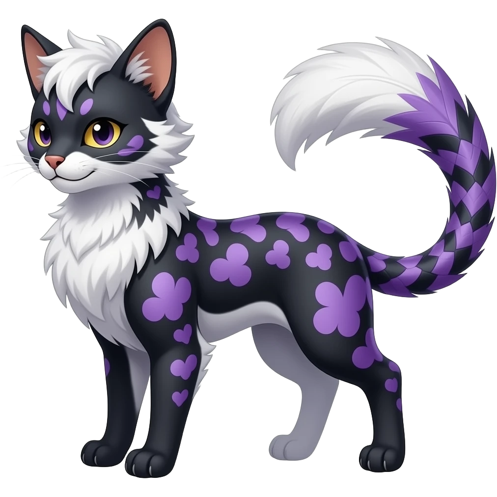 Quatrefoil-patterned Slim stylish feather-maned elegant realistic Asian Furry, feathery fluffy tropical flecked painted feathery scaly, Purple, white, black, Minccino-Bambino-Lykoi-Linoone-Zangoose-fusion-hybrid-animal-Fakémon-creature, full body, thin long sleek scaly tail, intricate markings emoji