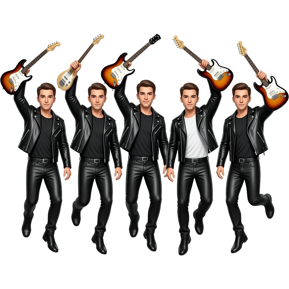 a musical group of fashion men jumping with guitars in the air emoji