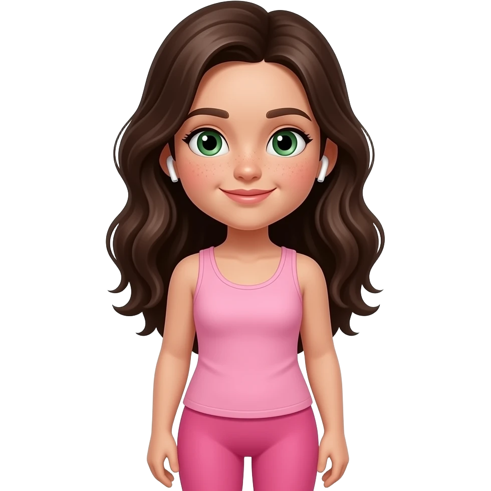 young girl in the style of iphone emoji people, fair skin, green eyes, freckles,long dark brown wavy hair, pink tank top and pink leggings, listening music emoji