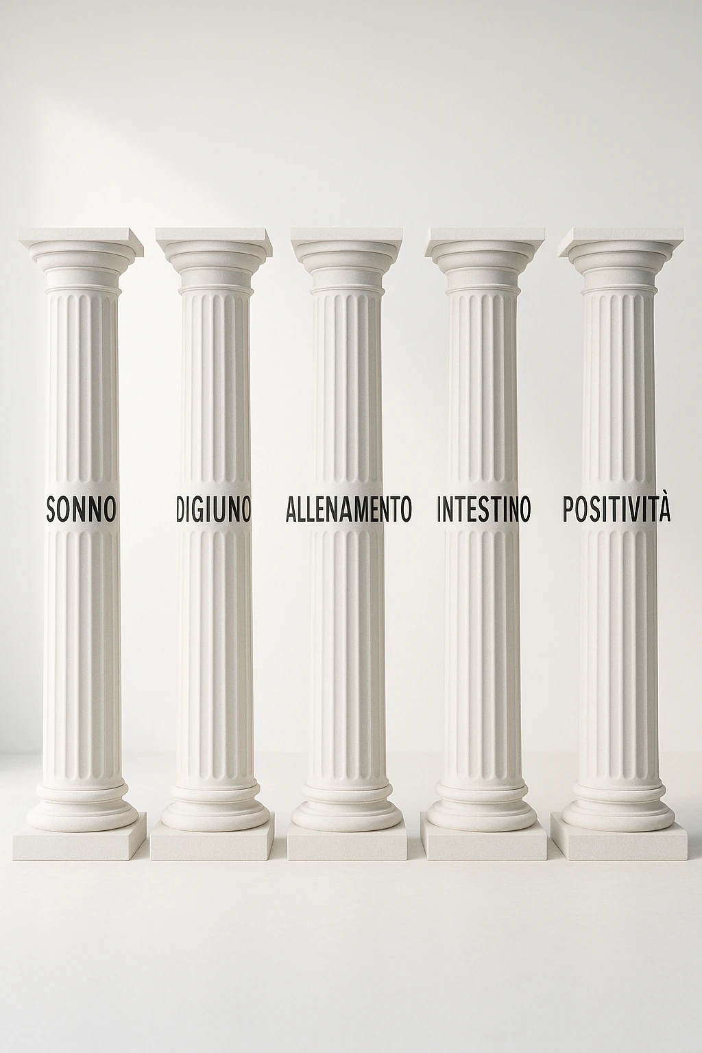 5 pilastri con le scritte "SONNO", "DIGIUNO", "ALLENAMENTO", "INTESTINO", "POSITIVITà" IMMAGINE IPERREALISTICA SFONDO CHIARO IN ITALIANO emoji