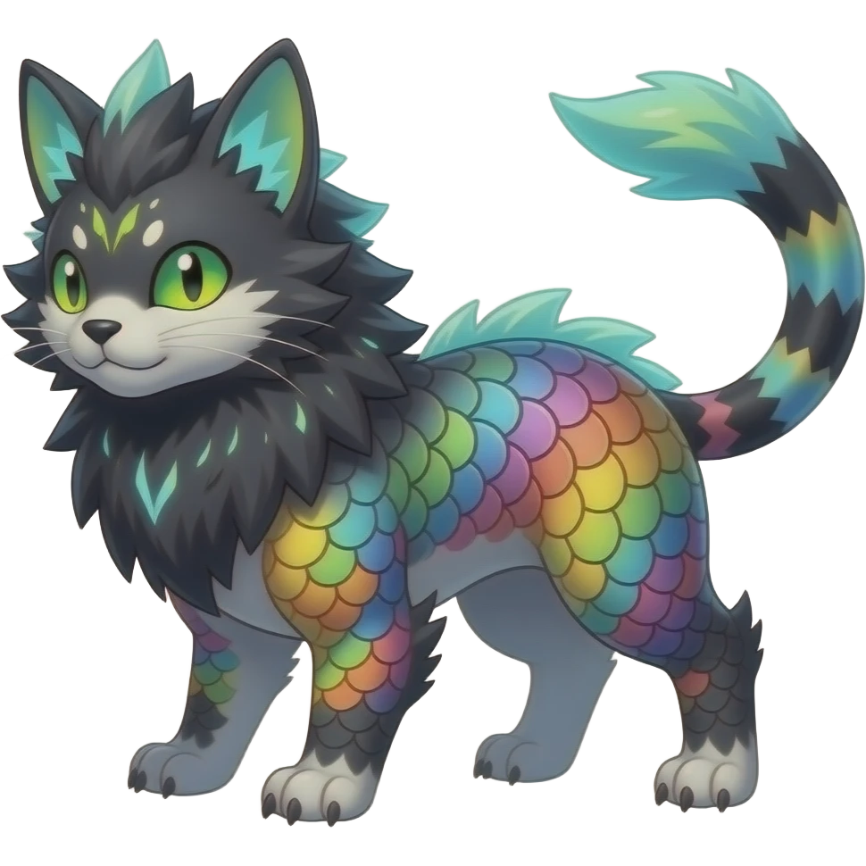 Colorful scaly flurry bioluminescent dark gloomy ghoulish spooky dull dusky translucent neon edgy cool dark edgy Latias-Sergal-Vernid-Anubis-Umbreon-Sylveon-Bastet-Fakémon-hybrid-fusion-creature, full body emoji