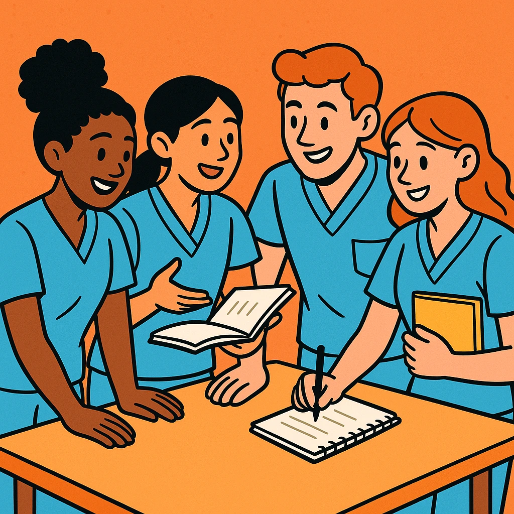 four nursing students collaborating, short-sleeve nurse uniforms, no stethoscope, friendly atmosphere, modern cartoon style emoji