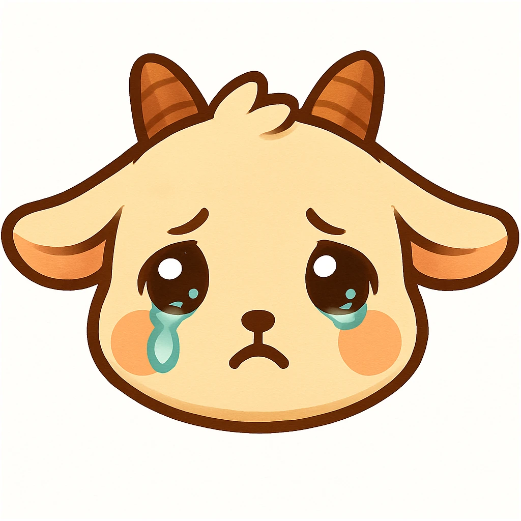 Create a chibi goat head only with a sad expression, shining teary eyes, and slight blush. Match the simple, clean style and crop of the previous joyful goat head emoji. Use a white background. Designed for a small emote. emoji