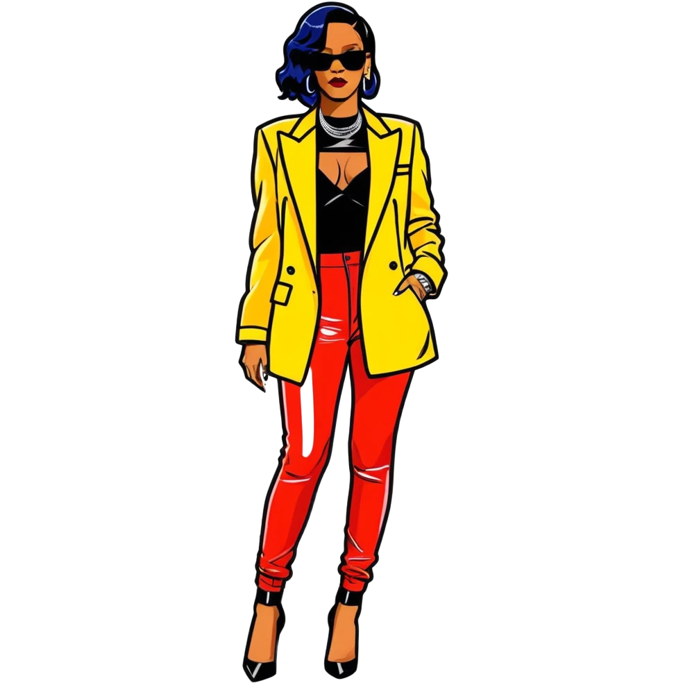 8k, 5000x5000px resolution, clean, smooth, thin lines, ultra detailed, hyperrealism, celebrity, best selling singer, and director of fenty, 2025, Rihanna. Glossy appearance, vivid colors, clean lines and appearance, full body view. emoji