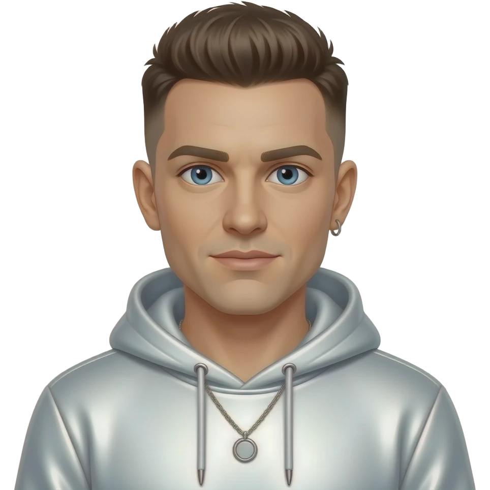Brian Harvey from East 17 with blue eyes, brown buzz cut hair, white metallic sweatshirt, necklace and earrings emoji