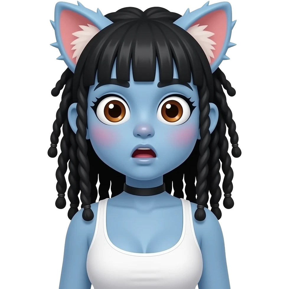 놀란 동공. 커다란 눈. 하얀 동공에 갈색렌즈. 살색의 뾰족하고 커다란 귀. 파란색 스킨. 붉은 홍조. 이마 주름은 없고 입은 O모양. 앞머리있는 검정 긴생머리.드레드헤어. 흰색 나시를 입고 큰 가슴. 목에는 검정색 얇은 띠의 초커. emoji