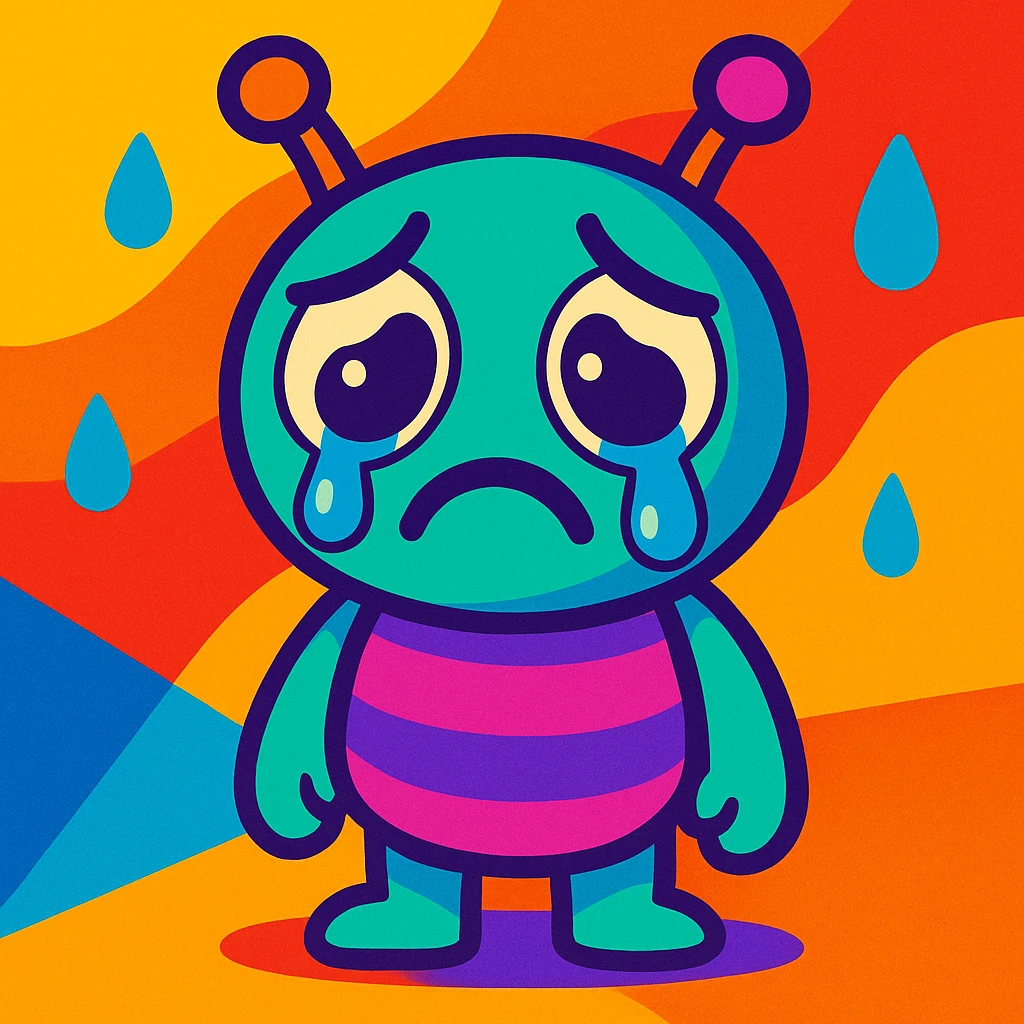 cute cartoon alien showing sadness, vibrant toon style, colorful, expressive, sorrowful emoji