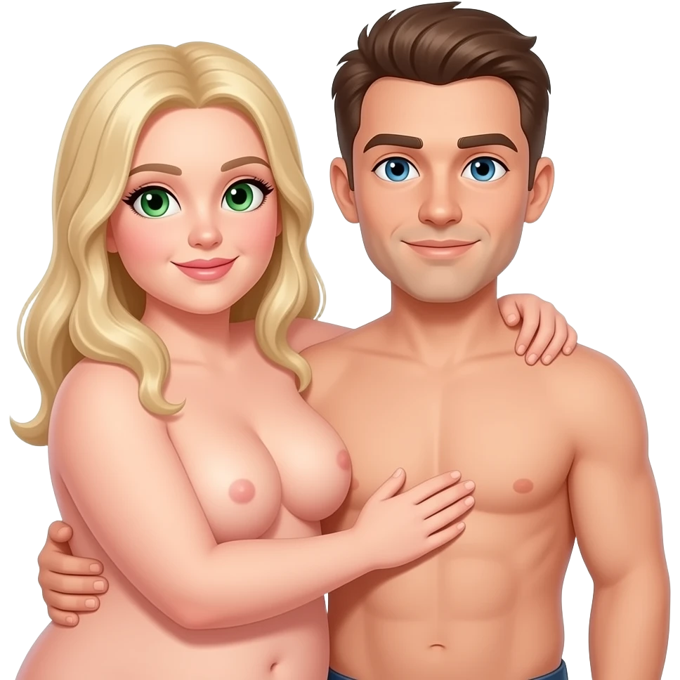 A heavy set naked white woman with blond hair and green eyes holding a naked heavy set white male with brown hair and blue eyes emoji