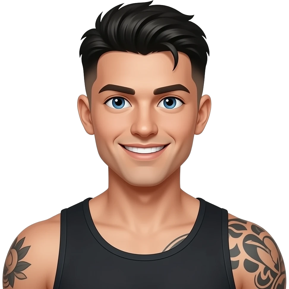 rictus arrogant gars cheveux noirs low taper fade look dark beau et yeux bleus peau laiteuse pâle et tatoué musclé 25 ans emoji