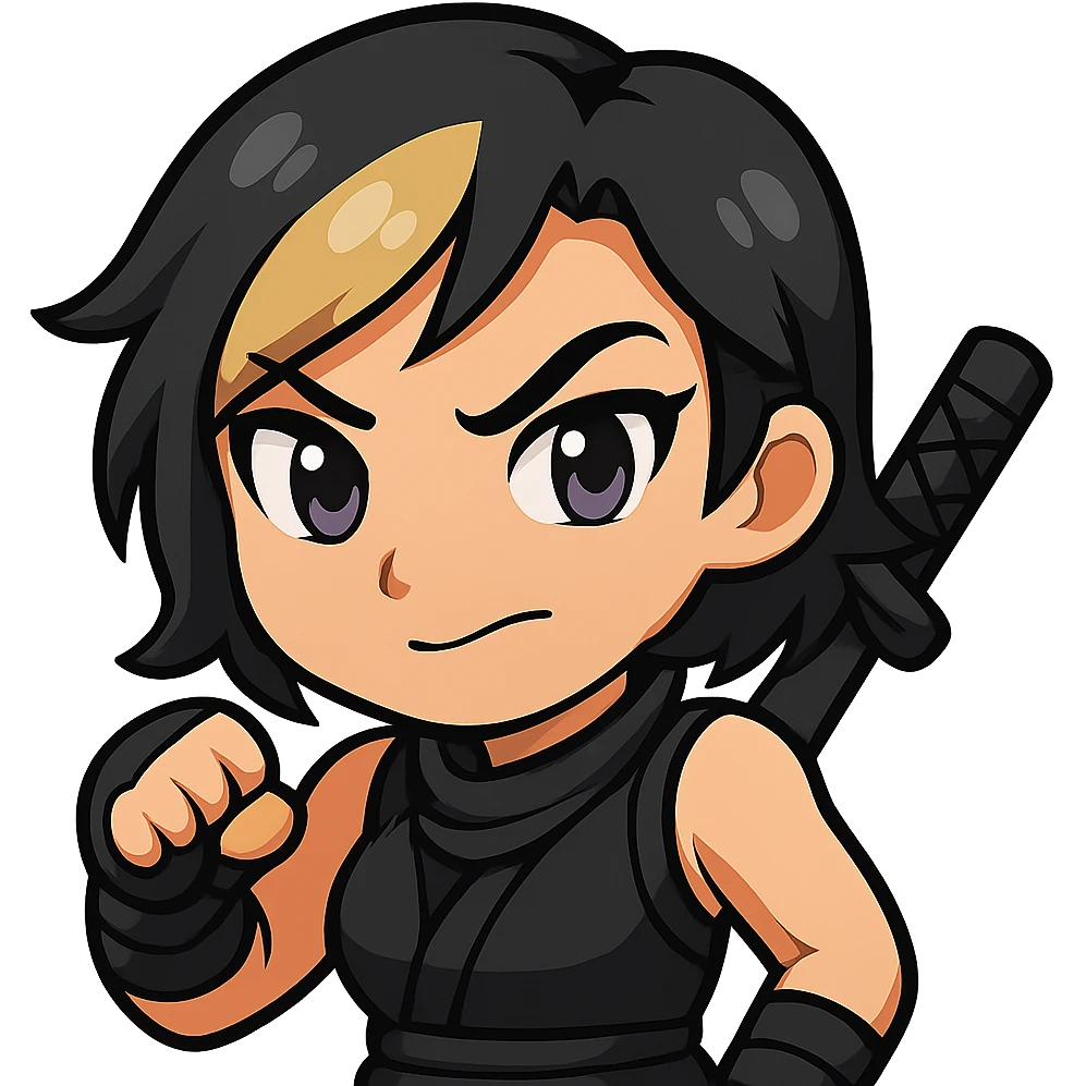 Create an anime chibi style ninja girl with the same face, outfit, and colors as the reference. The ninja girl should have her fist coming back down, returning to the starting position. Transparent background, sized for Twitch emoji use. This is animation frame 4. emoji