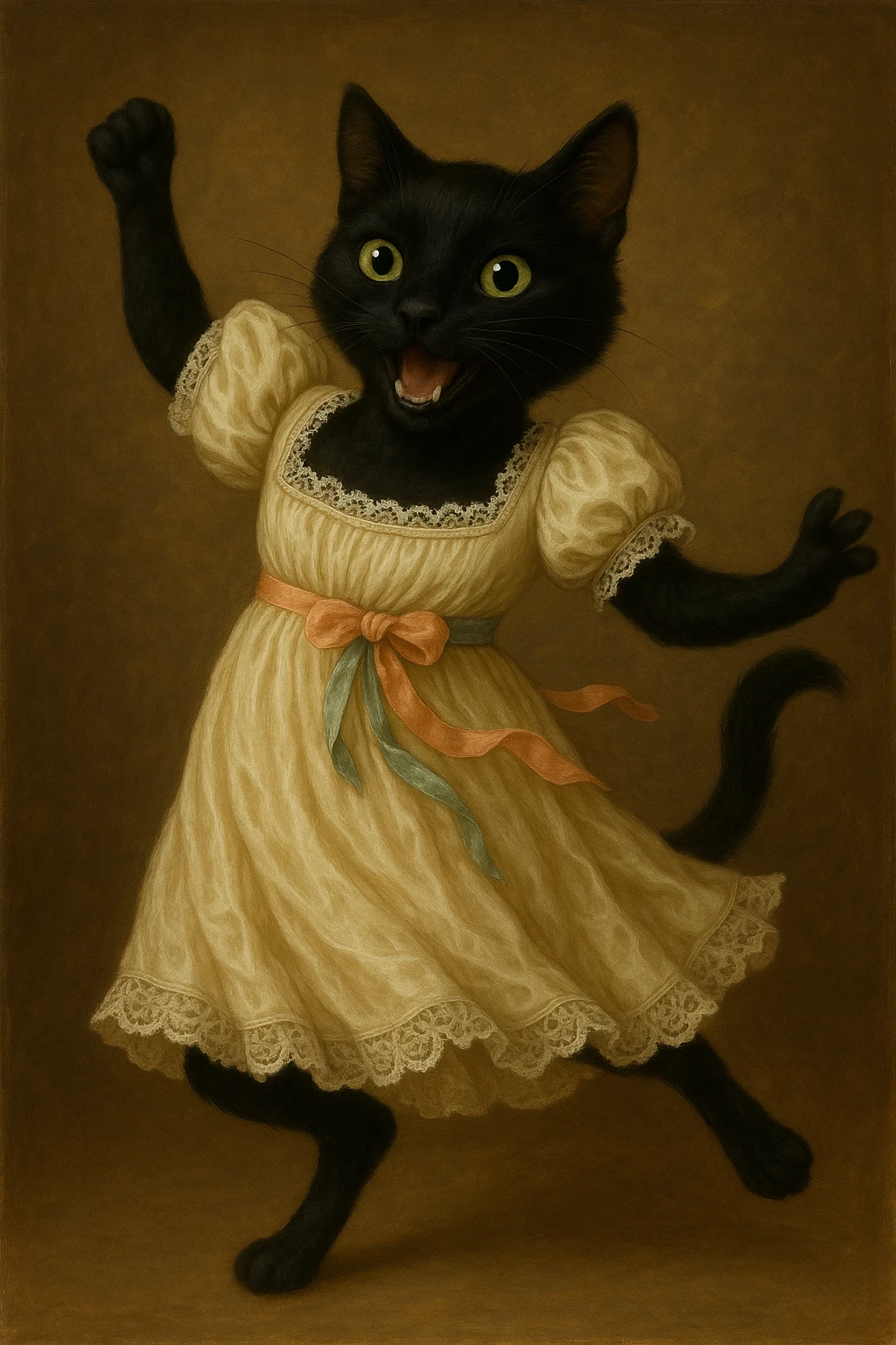 Make the black cat more playful with an energetic stance and happy face, still in Regency dress with lace and ribbons inspired by Pride and Prejudice. Emphasize playfulness and energy while preserving the detailed Regency attire. emoji