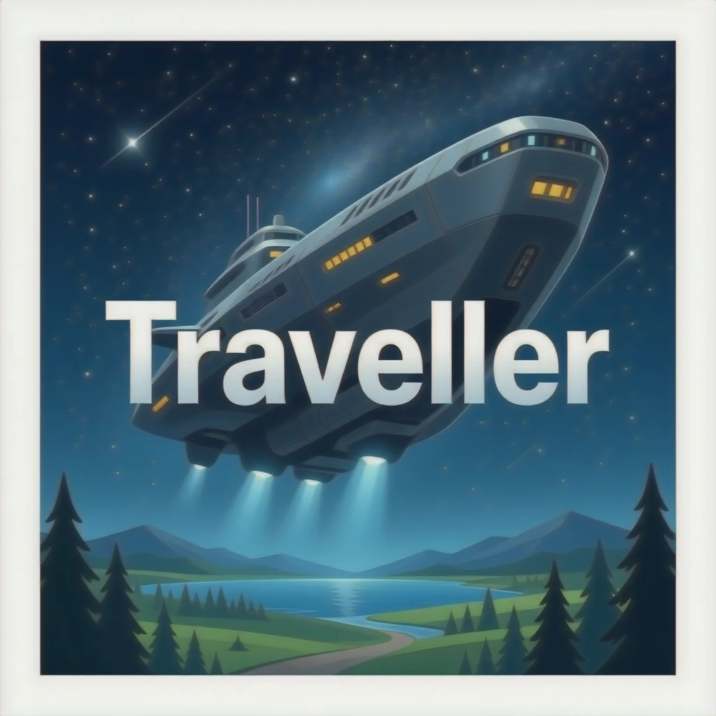 Use the GURPS logo with "Traveller" on a starfield with a free trade starship in the background in a landscape format, size of 1600 x 800. emoji
